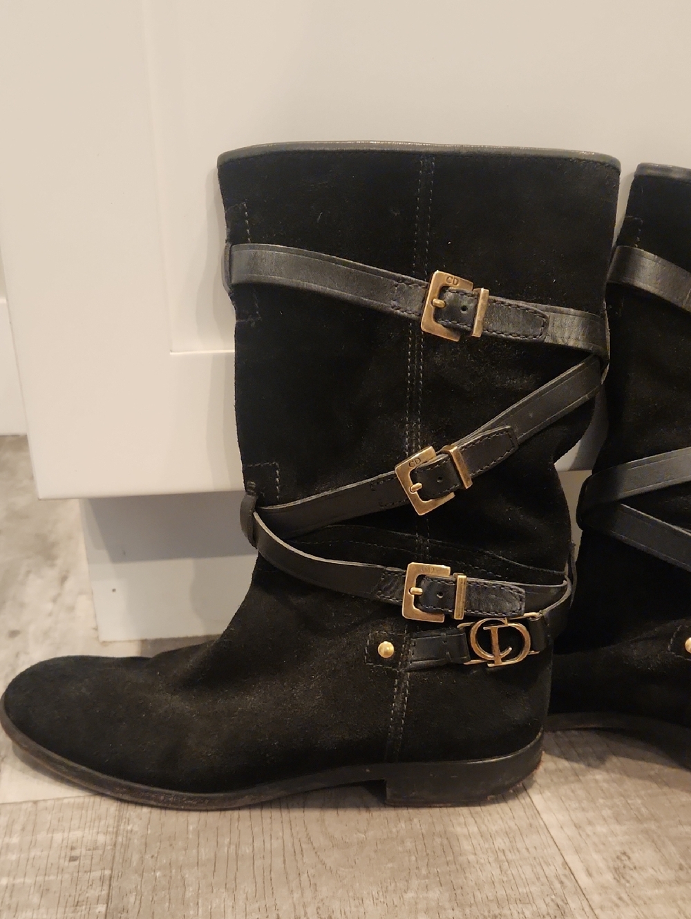 Dior Black Suede Lace-Up Mid-Calf Boots with Gold Buckles